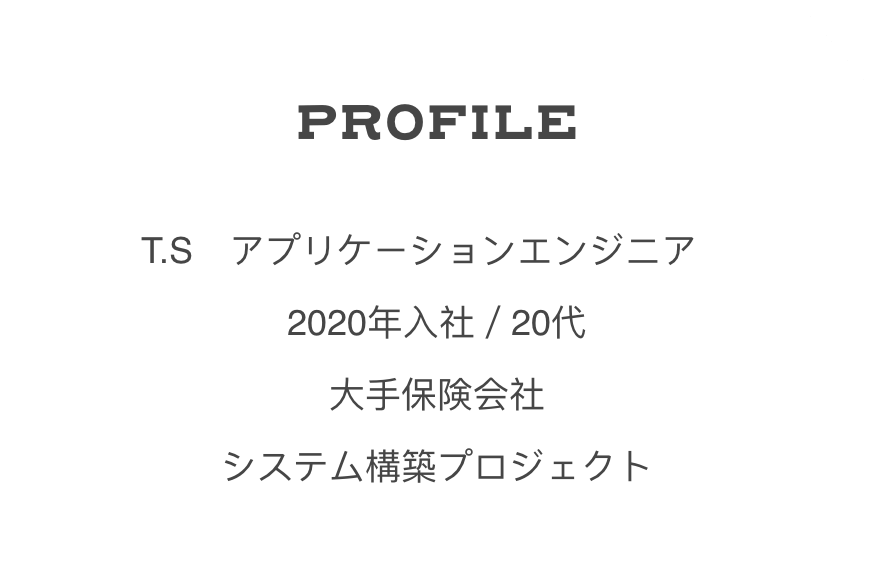 Profile T.S　アプリケーションエンジニア　 2020年入社／20代大手保険会社システム構築プロジェクト